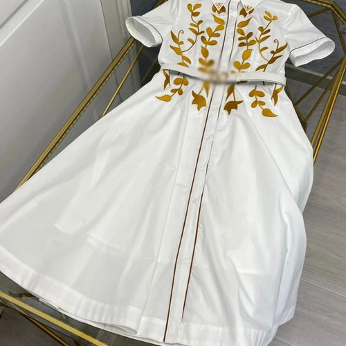 Hit Color Spliced Appliques Long Dress for Women Lapel Short Sleeves Patchwork Single Breasted Dress Female Fashion